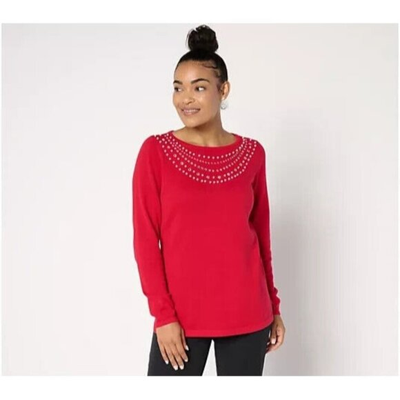 Quacker Factory Pearl Rhinestone Necklace Long Sleeve Sweater RUBY RED L A668150 - Picture 1 of 4